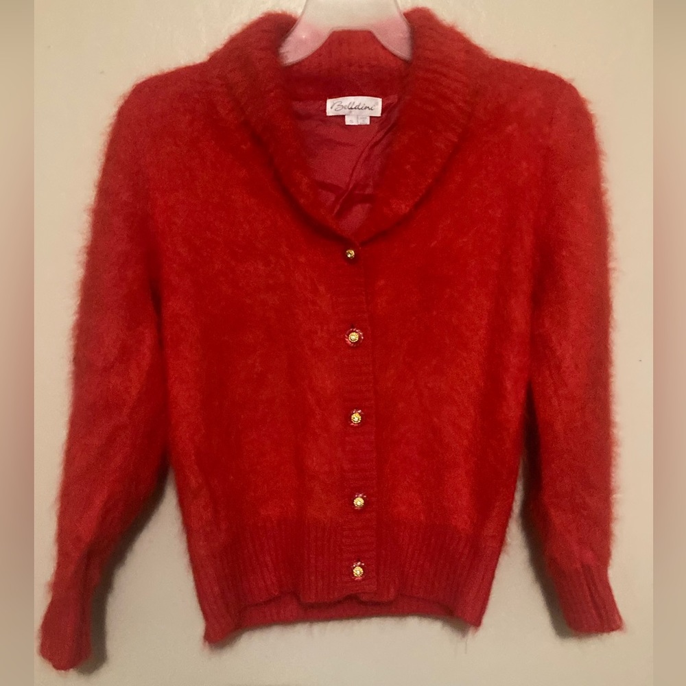 Vintage Bellini red fuzzy button up sweater made with angora, acrylic & nylon